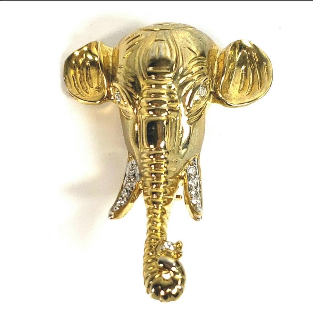 Gold Tone Elephant Head Brooch with Rhinestone